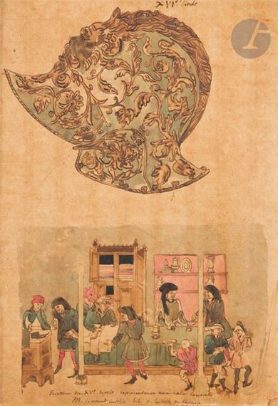 Copy after a 16th-century helmet and copy after a 15th-century painting from an in-folio in the Rouen library.