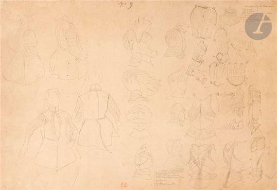 Sheet of studies after medieval armor and costumes by Eugène Delacroix, 1789