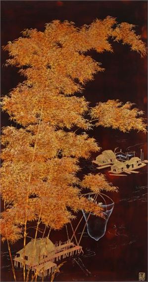 Lê THY (1919-?) The Village Lacquer panel Signed lower right 122 x 65 cm by Le Thy