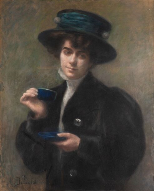 Artwork by Andrée Délions, Jeune femme à la tasse de café, Made of pastel