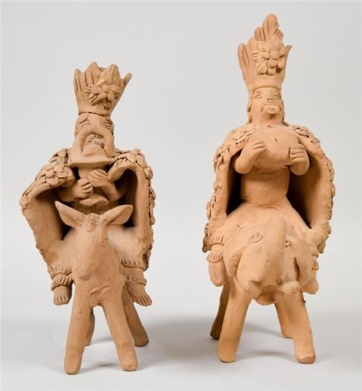 1928-1980). Pair of Mexican folk art pottery figures. Figure riding elephant - Teodora Blanco Nunez