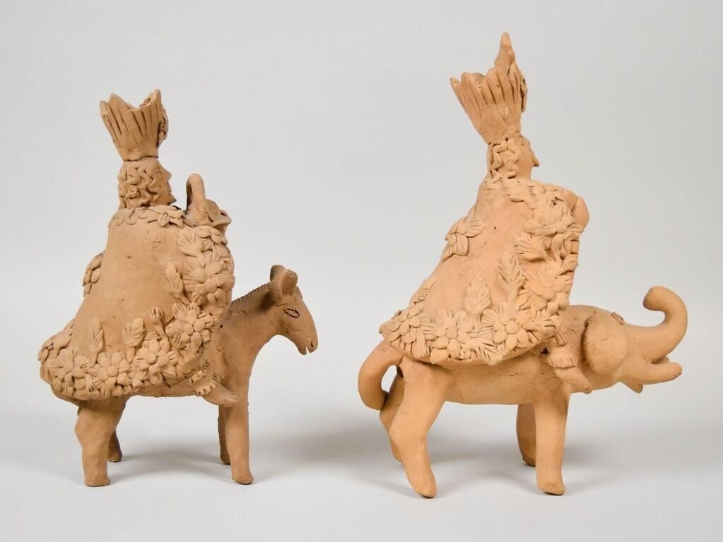 Artwork by Teodora Blanco Nunez, 1928-1980). Pair of Mexican folk art pottery figures. Figure riding elephant, Made of pottery