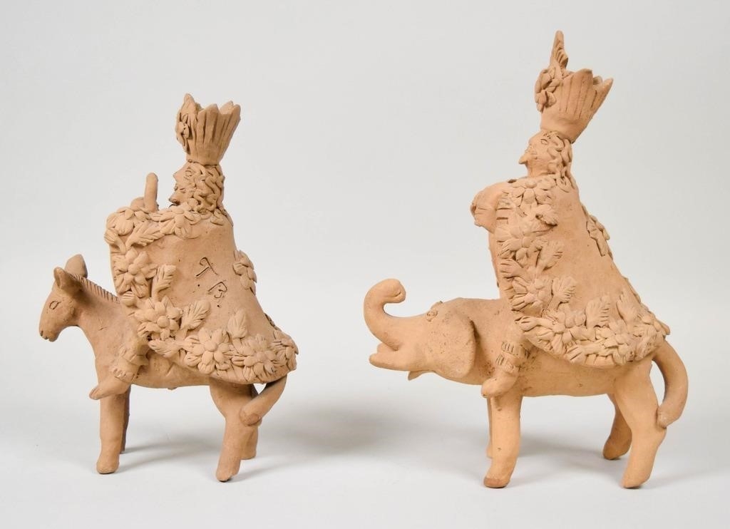 Artwork by Teodora Blanco Nunez, 1928-1980). Pair of Mexican folk art pottery figures. Figure riding elephant, Made of pottery