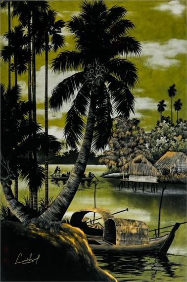 Lake scene decorated with junks Lacquer panel by Le Thy