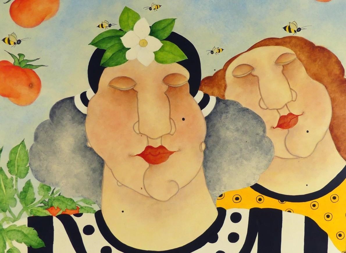 Artwork by Ann Hunsberger, Untitled: Two Figures, Tomatoes and Bees, Made of acrylic and india ink on board
