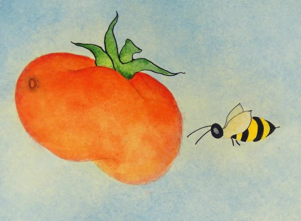 Artwork by Ann Hunsberger, Untitled: Two Figures, Tomatoes and Bees, Made of acrylic and india ink on board