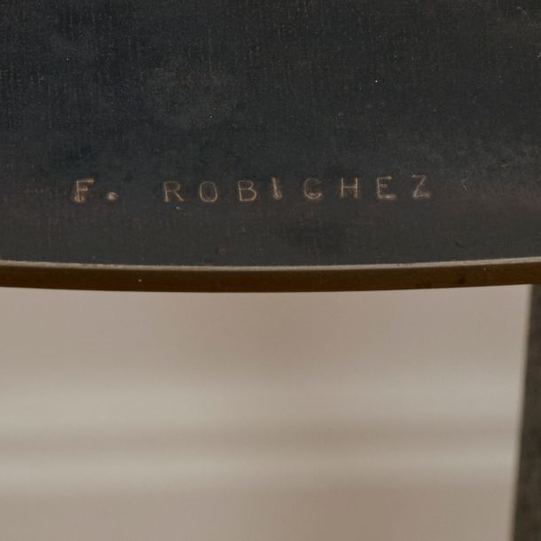 Artwork by F. Robichez, Half-moon console in patinated steel, the base formed by fourteen radiating fins (minor wear), Made of patinated steel