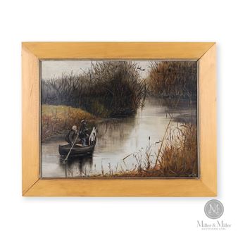 Sneak Shooting Hunters in boat with Dog - A. I. Howell