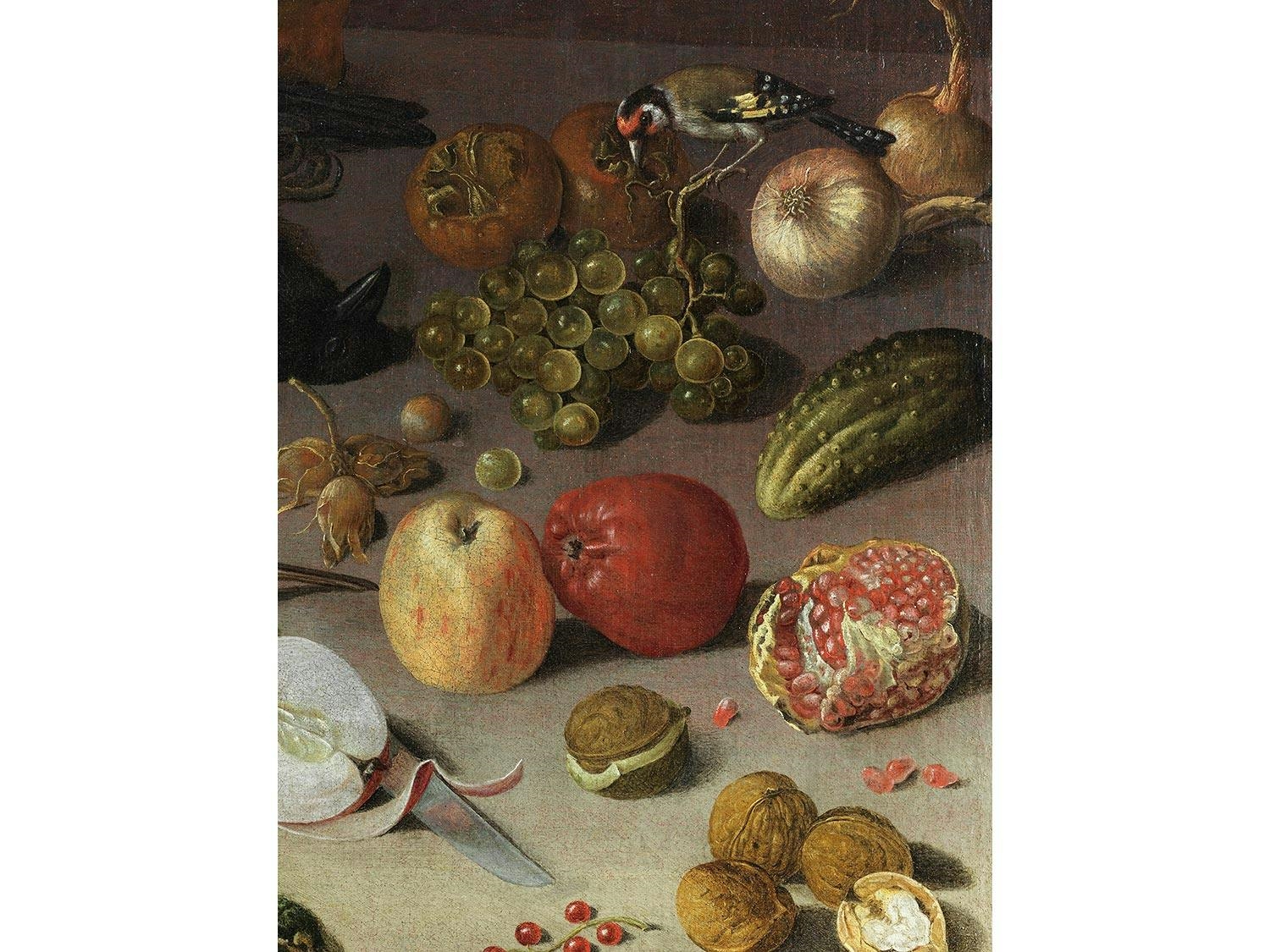 Artwork by Georg Flegel, STILLLEBEN MIT FRÜCHTEN, VÖGELN UND EINEM MESSER, Made of oil on canvas