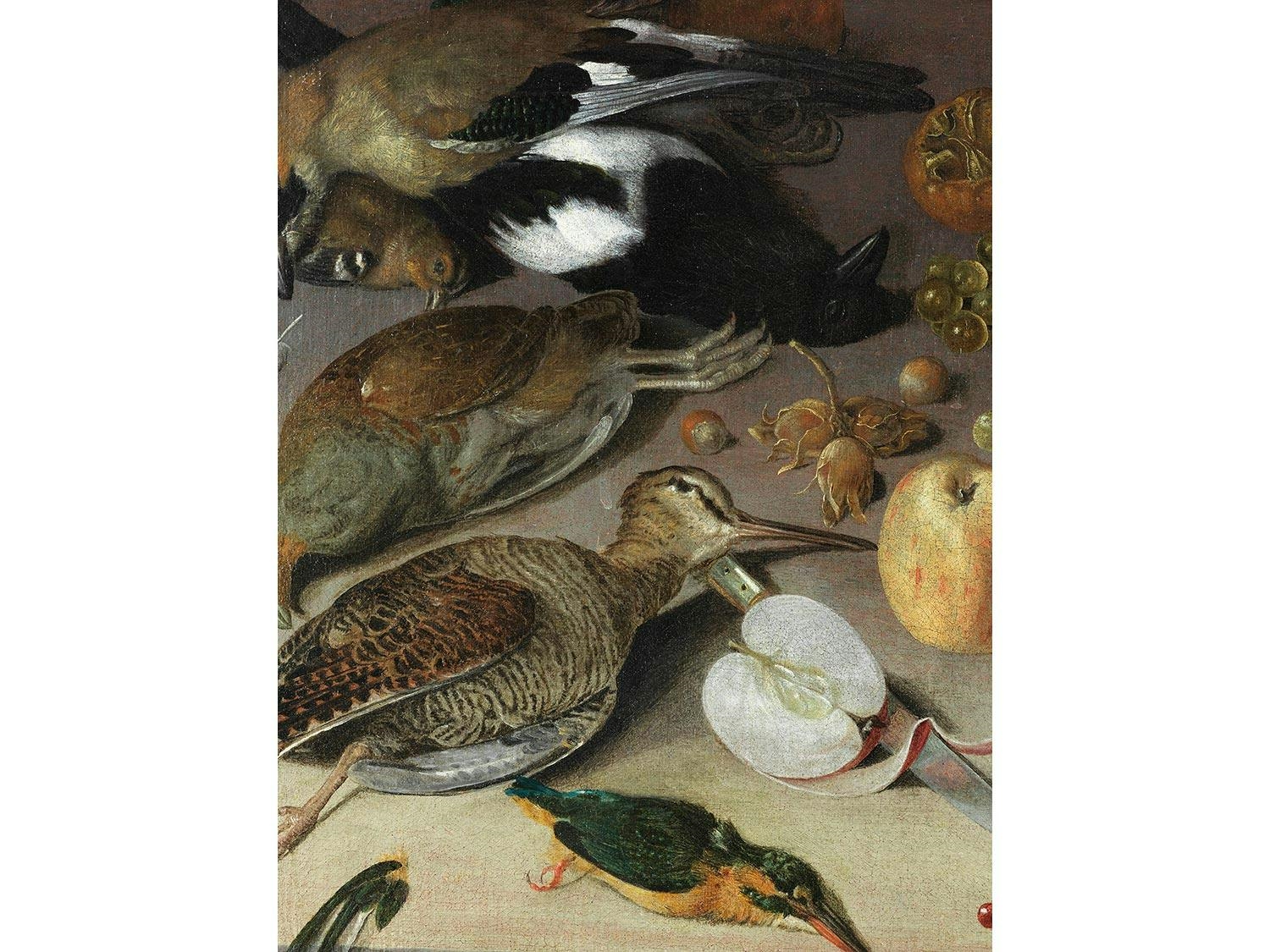 Artwork by Georg Flegel, STILLLEBEN MIT FRÜCHTEN, VÖGELN UND EINEM MESSER, Made of oil on canvas