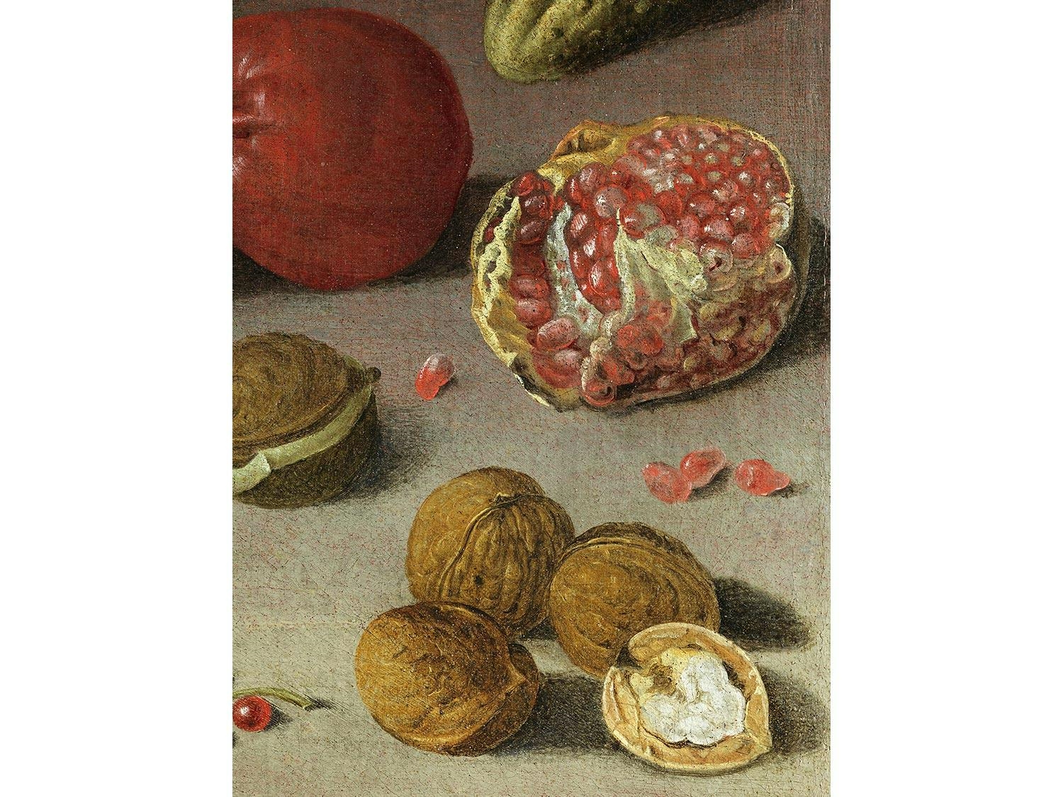 Artwork by Georg Flegel, STILLLEBEN MIT FRÜCHTEN, VÖGELN UND EINEM MESSER, Made of oil on canvas