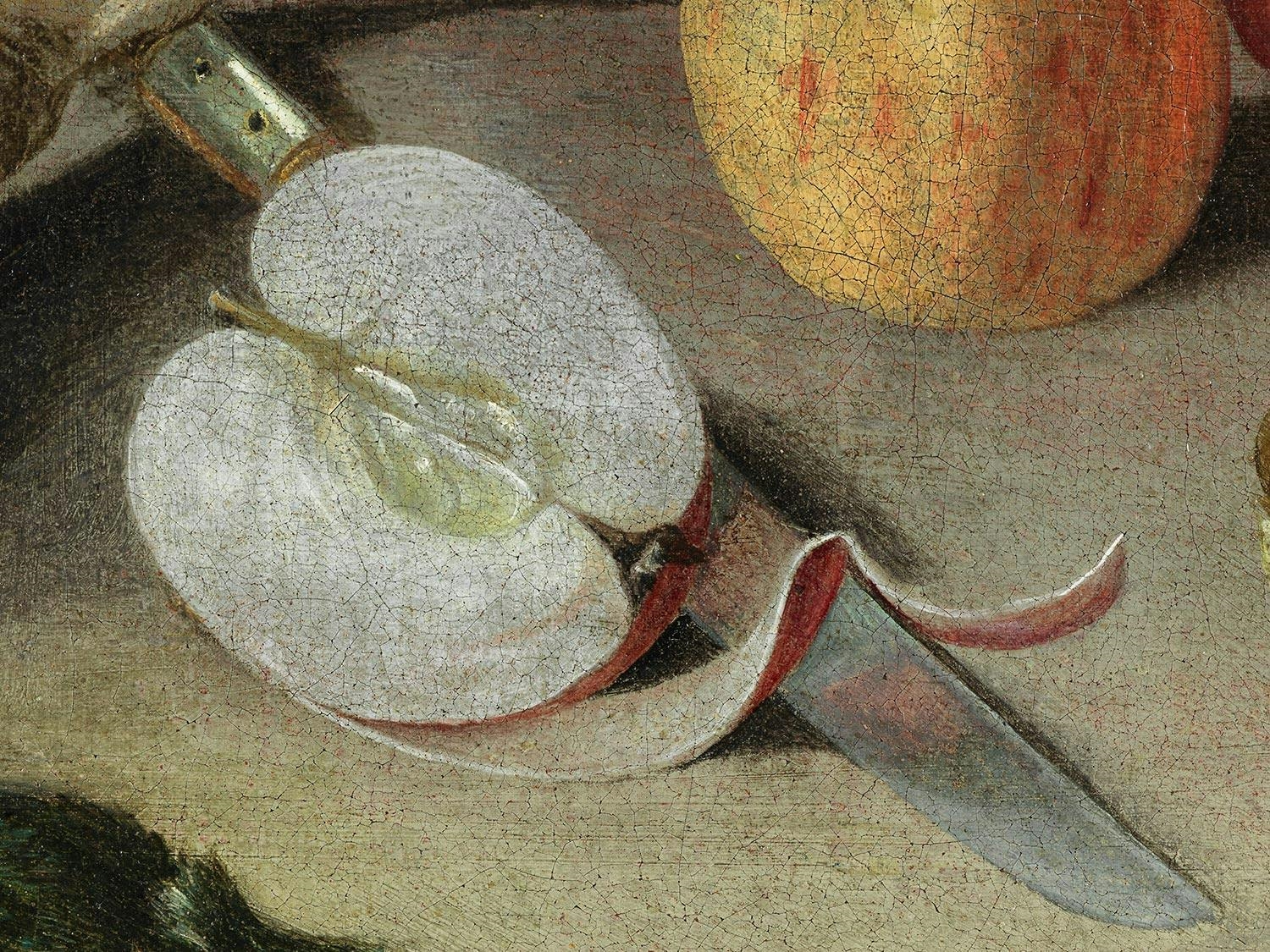 Artwork by Georg Flegel, STILLLEBEN MIT FRÜCHTEN, VÖGELN UND EINEM MESSER, Made of oil on canvas