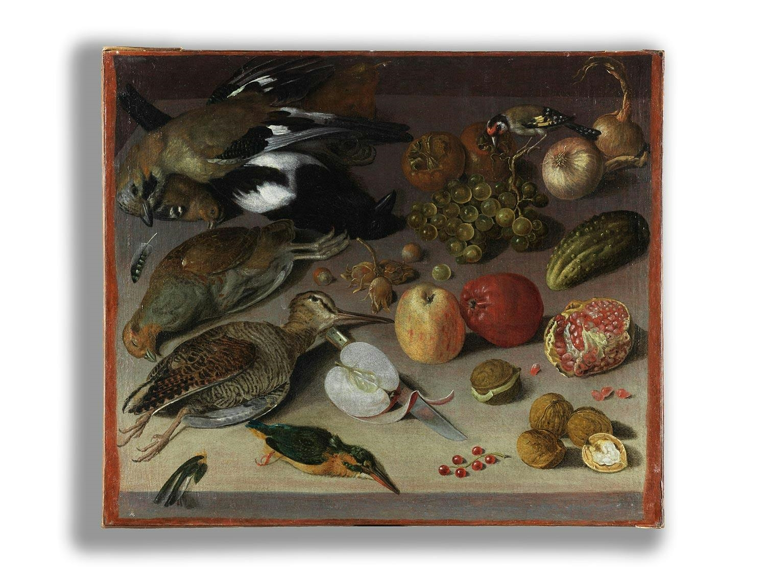 Artwork by Georg Flegel, STILLLEBEN MIT FRÜCHTEN, VÖGELN UND EINEM MESSER, Made of oil on canvas