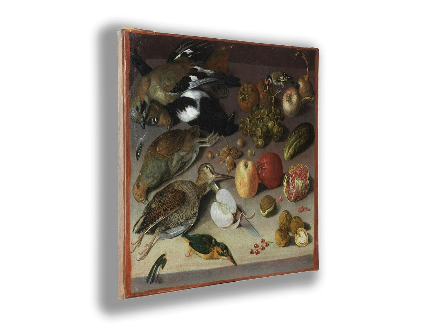 Artwork by Georg Flegel, STILLLEBEN MIT FRÜCHTEN, VÖGELN UND EINEM MESSER, Made of oil on canvas