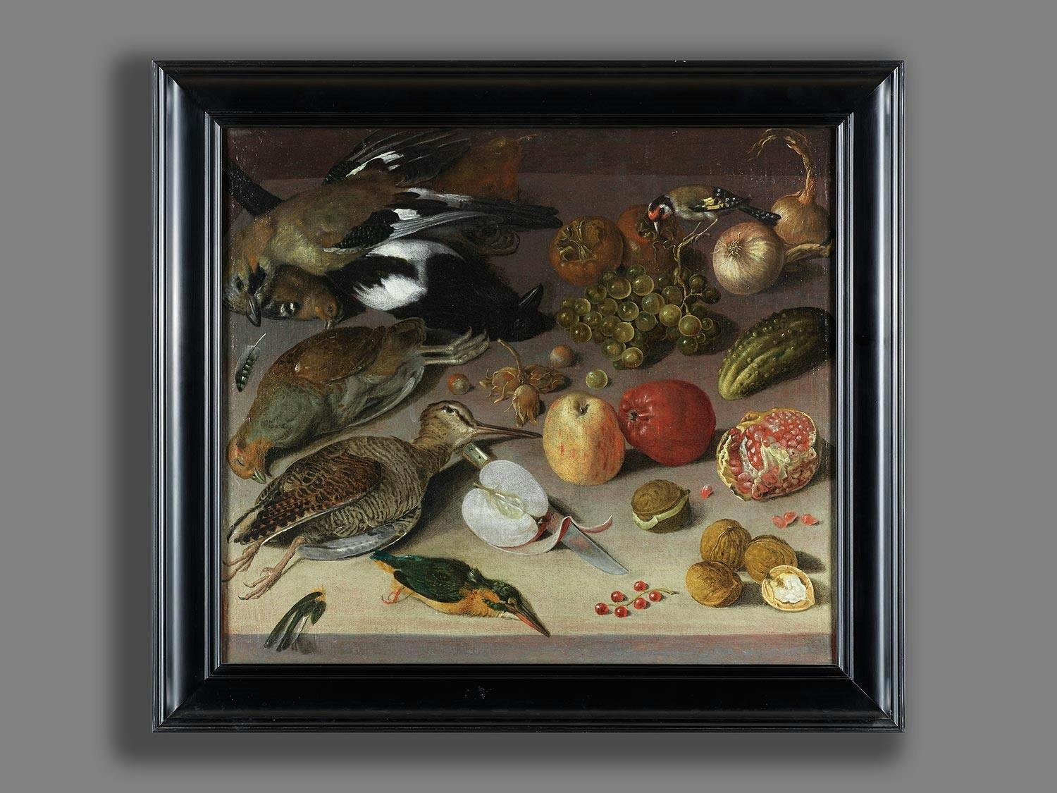Artwork by Georg Flegel, STILLLEBEN MIT FRÜCHTEN, VÖGELN UND EINEM MESSER, Made of oil on canvas