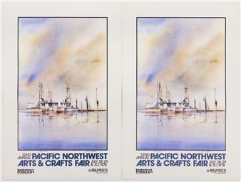 A pair of watercolor posters depicting fishing boats under a cloudy sky.