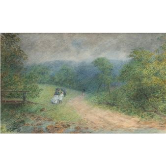 A soft, atmospheric landscape painting of a rural path with figures walking under an overcast sky.