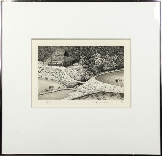 Tanaka Ryohei (1933-2019) - Mountain Village in May. Etching and aquatint on paper by Ryohei Tanaka, dated 1984