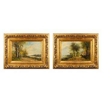 Towpath along the River, A Pair of Pendant Paintings.  (L:60.5 x H:40.5 cm) <p>Emile Durieux (XIX), - Emile Durieux
