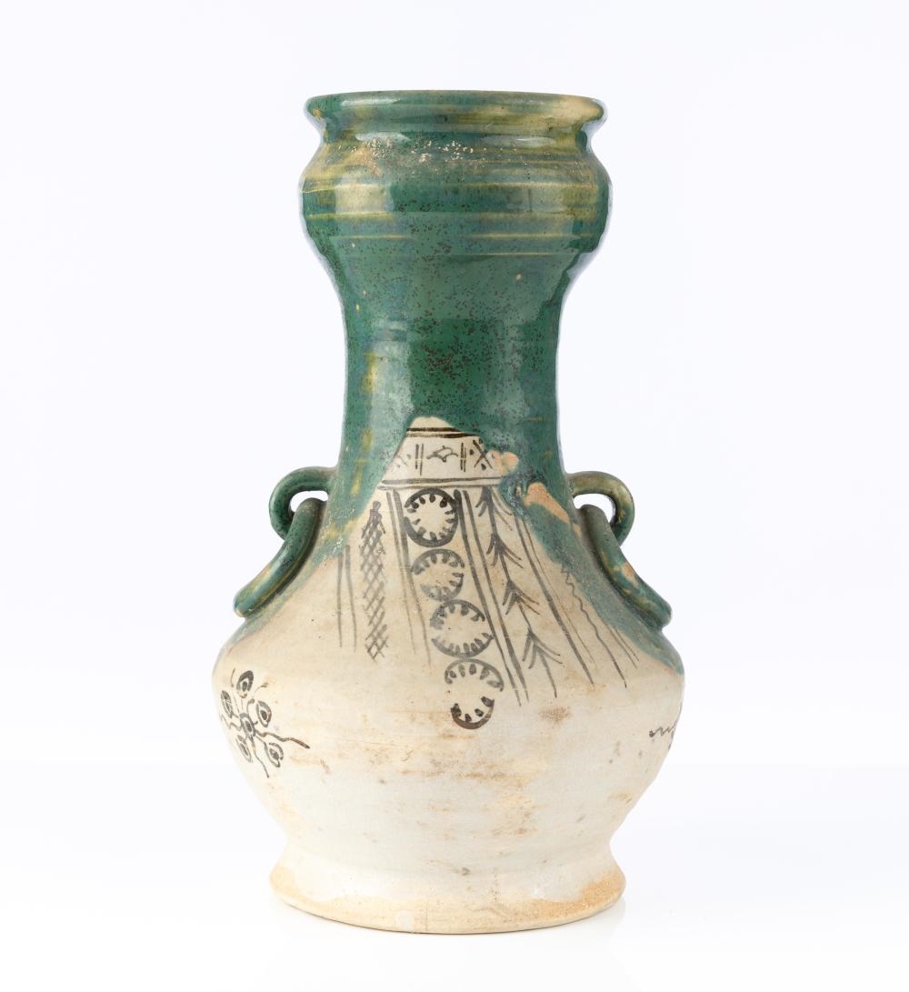 Japanese School | A Japanese glazed oribe pottery vase with ring handle ...
