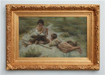R. Devane. The pipe player entertaining his friend. Signed lower left. In elaborate gilt frame. H 53cm - R. Devane