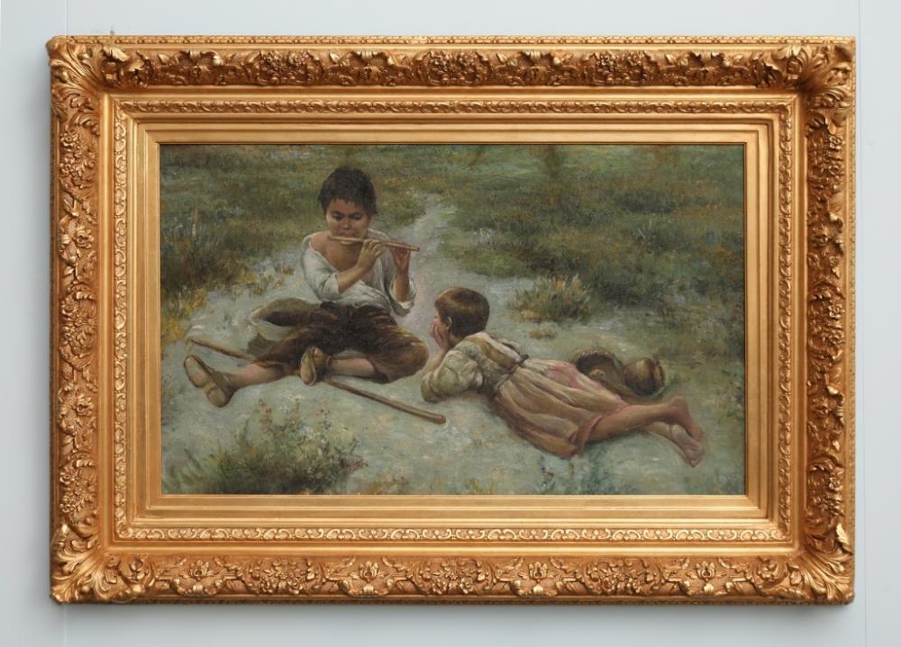 Artwork by R. Devane, R. Devane. The pipe player entertaining his friend. Signed lower left. In elaborate gilt frame. H 53cm, Made of gilt