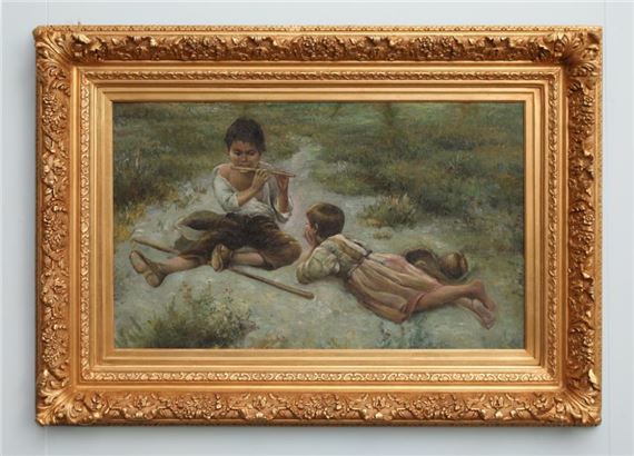 R. Devane. The pipe player entertaining his friend. Signed lower left. In elaborate gilt frame. H 53cm by R. Devane