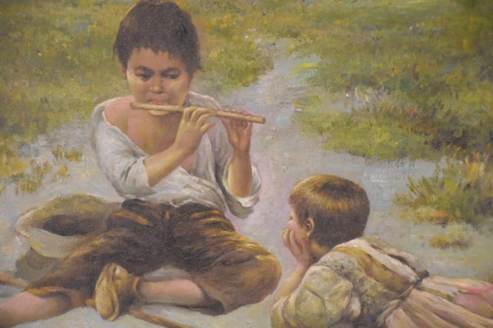 Artwork by R. Devane, R. Devane. The pipe player entertaining his friend. Signed lower left. In elaborate gilt frame. H 53cm, Made of gilt