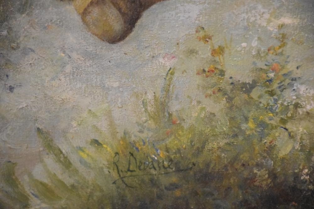 Artwork by R. Devane, R. Devane. The pipe player entertaining his friend. Signed lower left. In elaborate gilt frame. H 53cm, Made of gilt