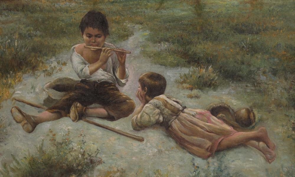 Artwork by R. Devane, R. Devane. The pipe player entertaining his friend. Signed lower left. In elaborate gilt frame. H 53cm, Made of gilt