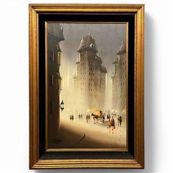 A framed oil painting of a misty European street scene with tall buildings and horse-drawn carriages.