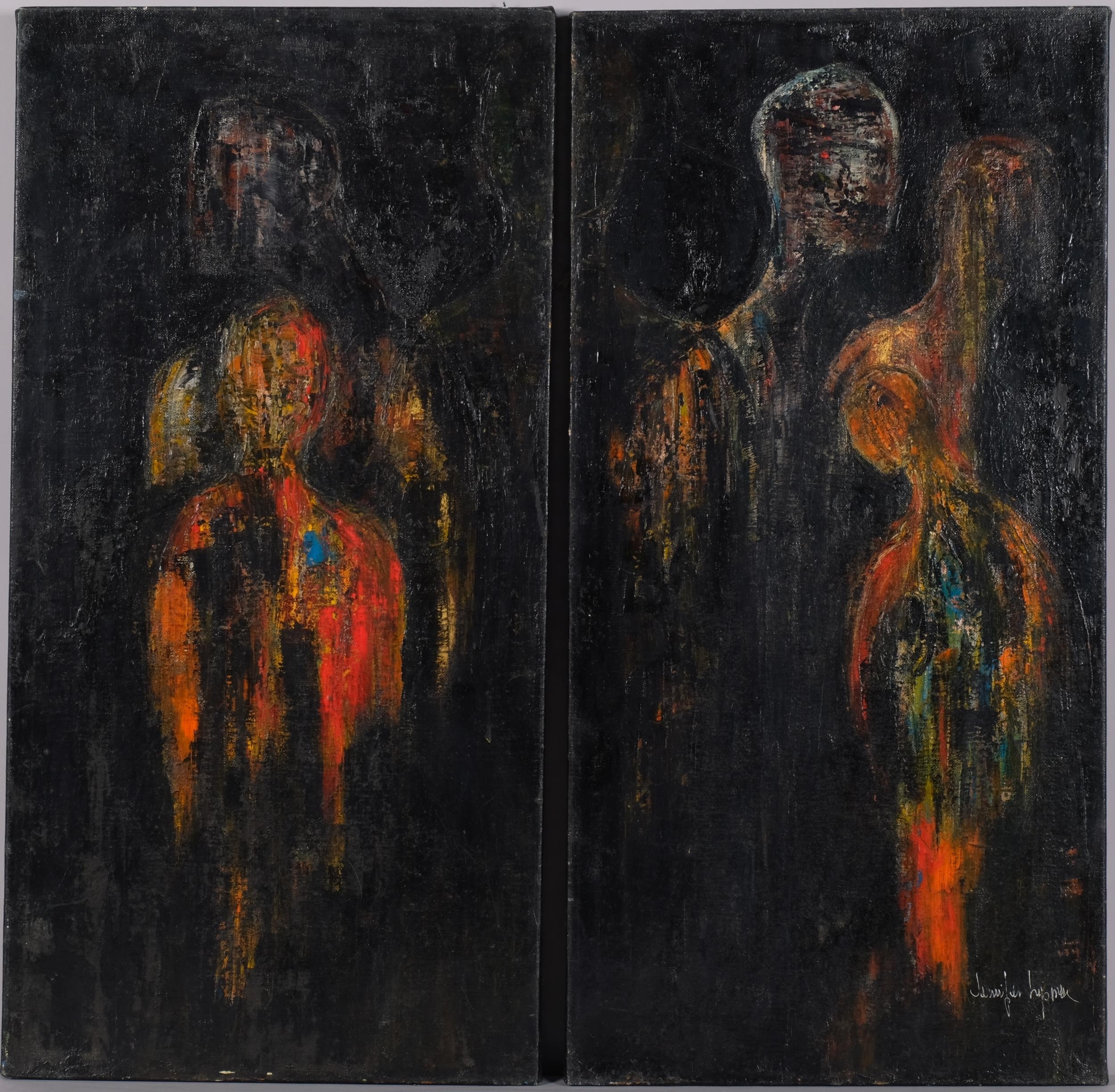 Artwork by Jennifer Lipman, pair of abstract figure studies, Made of oils on canvas