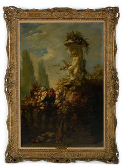 A terrace with parrot, sculpture and flowers - Léon Rousseau