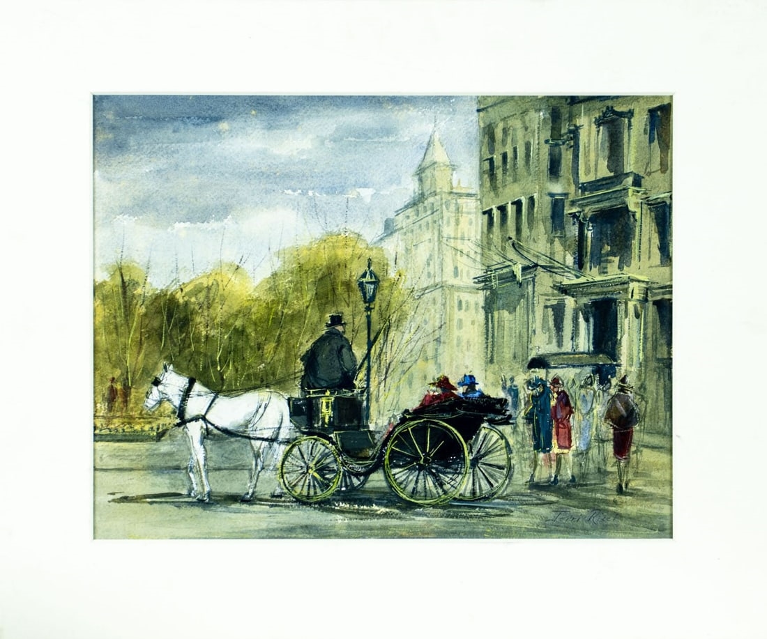 Artwork by Jerri Ricci, New York Cityscape with Horse Carriage, Made of watercolor on heavy paper