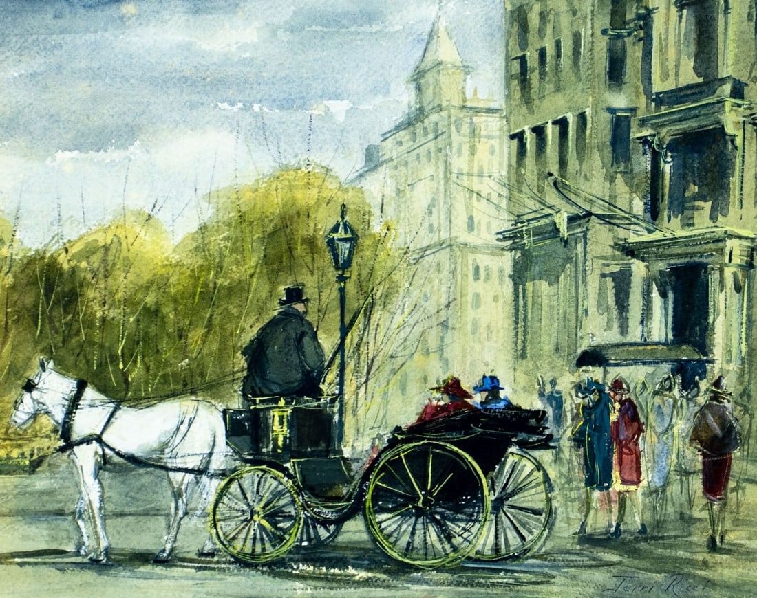Artwork by Jerri Ricci, New York Cityscape with Horse Carriage, Made of watercolor on heavy paper