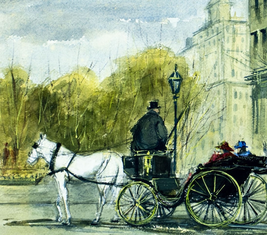 Artwork by Jerri Ricci, New York Cityscape with Horse Carriage, Made of watercolor on heavy paper