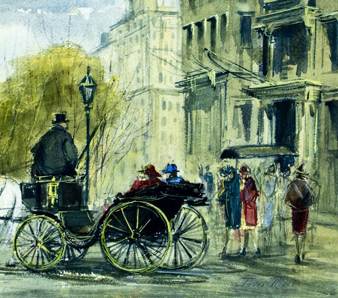 Artwork by Jerri Ricci, New York Cityscape with Horse Carriage, Made of watercolor on heavy paper
