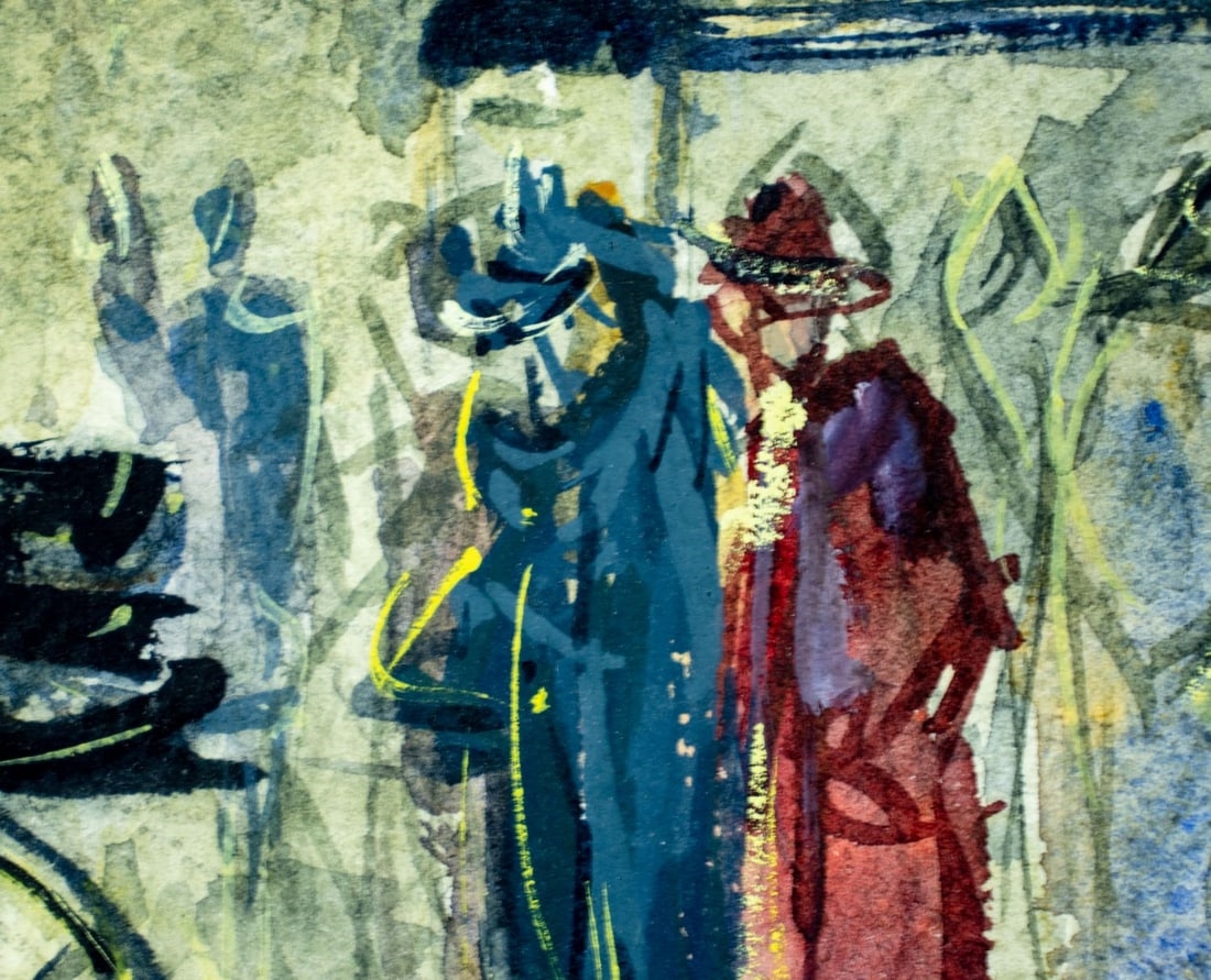 Artwork by Jerri Ricci, New York Cityscape with Horse Carriage, Made of watercolor on heavy paper