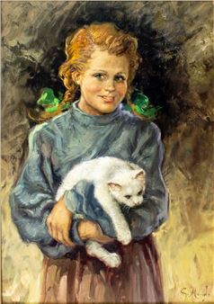 Girl with Cat - Giuseppe Merighi