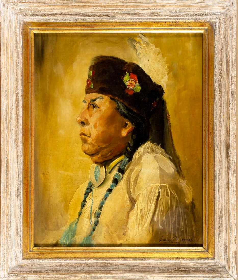 A profile portrait of a figure in traditional attire against a warm, textured background.
