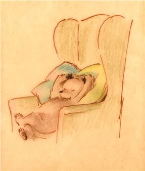 Paddington Bear sleeping amongst cushions on a wing arm chair - Fred Banbery