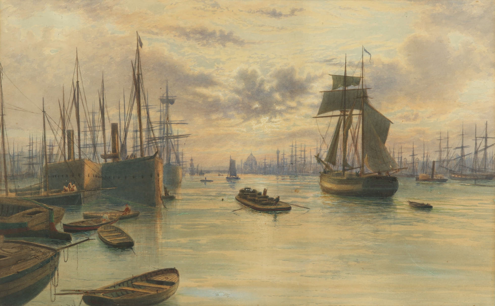 Frederick Miller | Ships moored in the Pool of London with the dome of ...