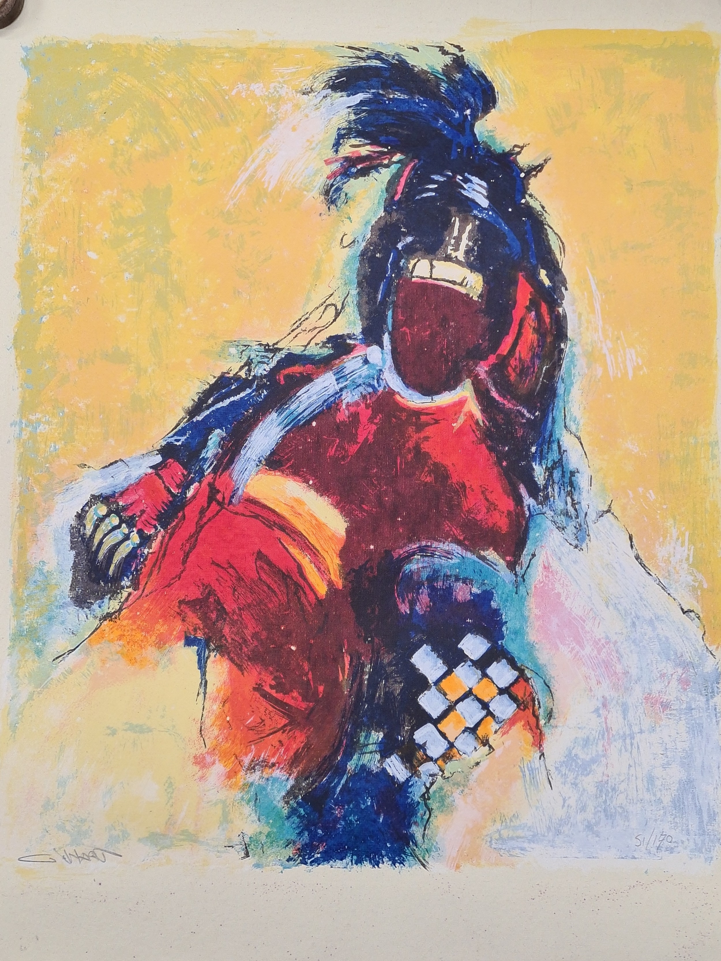 Artwork by Gerard 't Hart, t Hart. Both feature colourful and bold portraits of Shamanic figures from his extensive travels. Signed numbered and dated 1999 lower in pencil. These two prints would look fabulous framed as a pair. Same prints can be seen for sale at €75 each on vanbellencolour.nl
MM: 69cm x 89cm

Gerard, Made of PAPER PAINTINGS