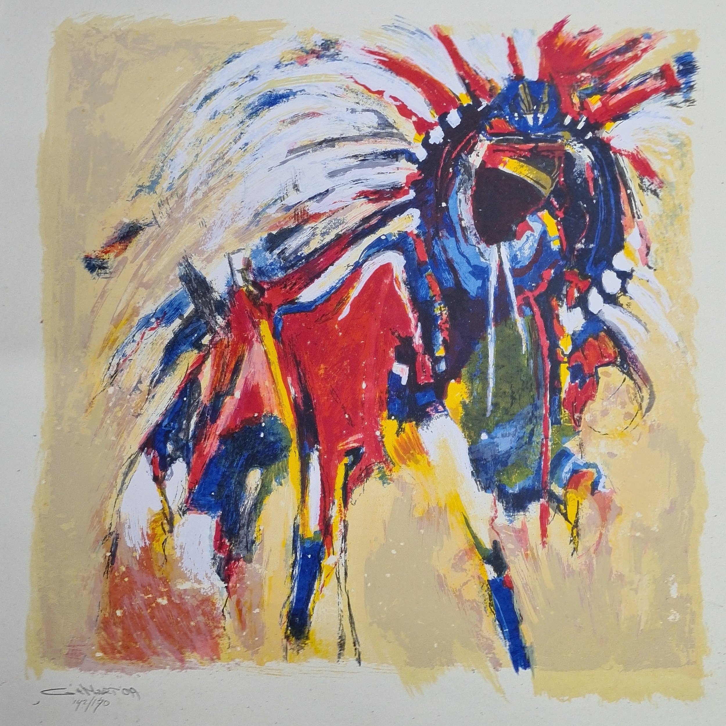 Artwork by Gerard 't Hart, t Hart. Both feature colourful and bold portraits of Shamanic figures from his extensive travels. Signed numbered and dated 1999 lower in pencil. These two prints would look fabulous framed as a pair. Same prints can be seen for sale at €75 each on vanbellencolour.nl
MM: 69cm x 89cm

Gerard, Made of PAPER PAINTINGS