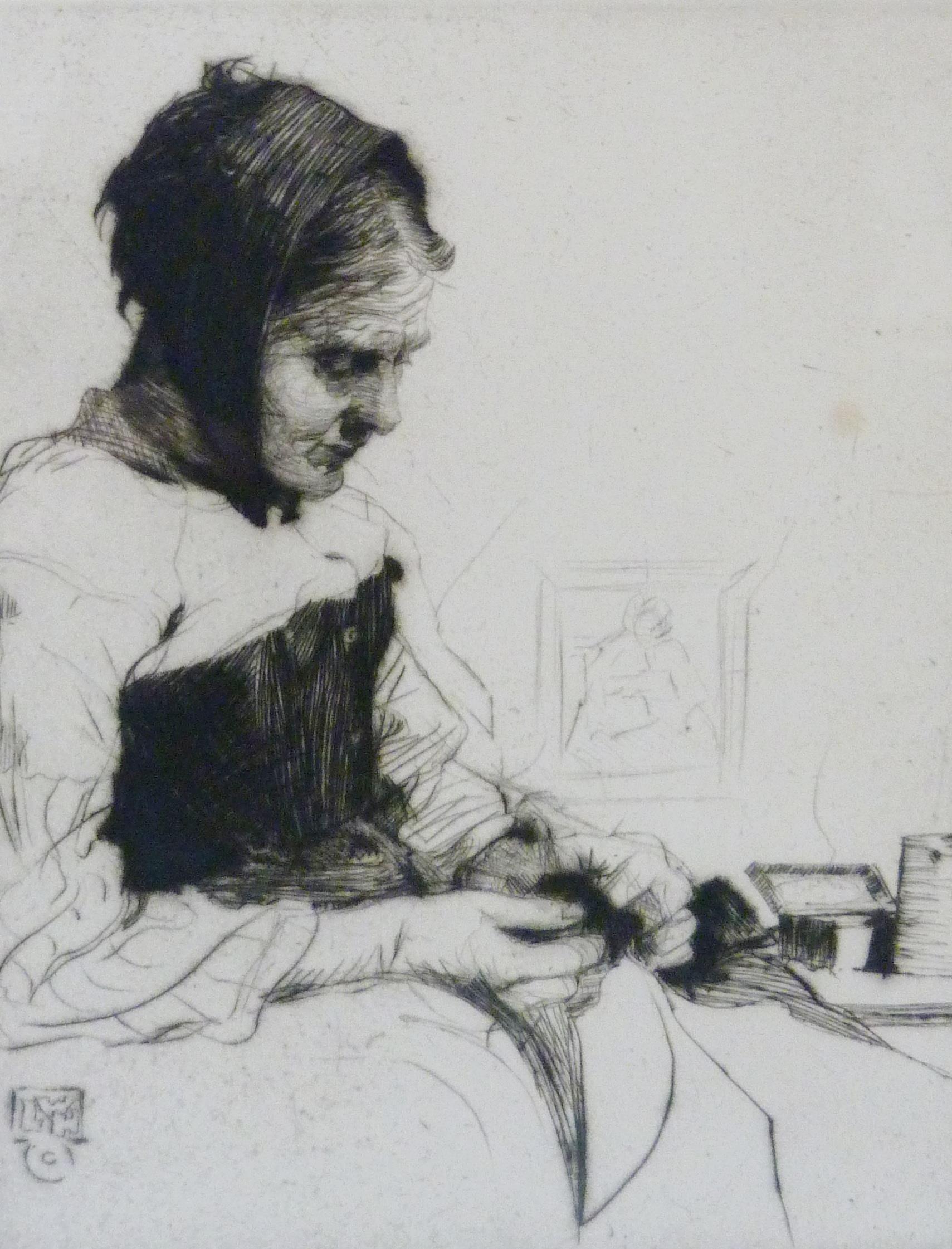 Artwork by William Lee-Hankey, Woman sewing, Made of etching