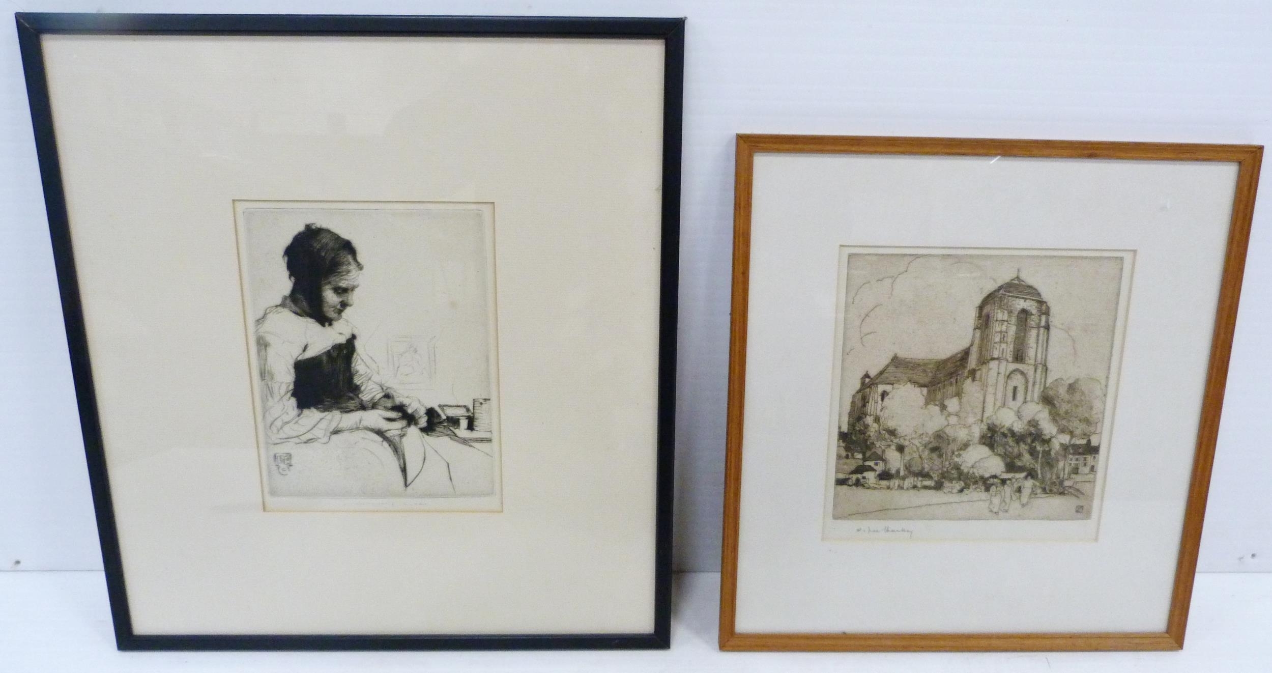 Artwork by William Lee-Hankey, Woman sewing, Made of etching