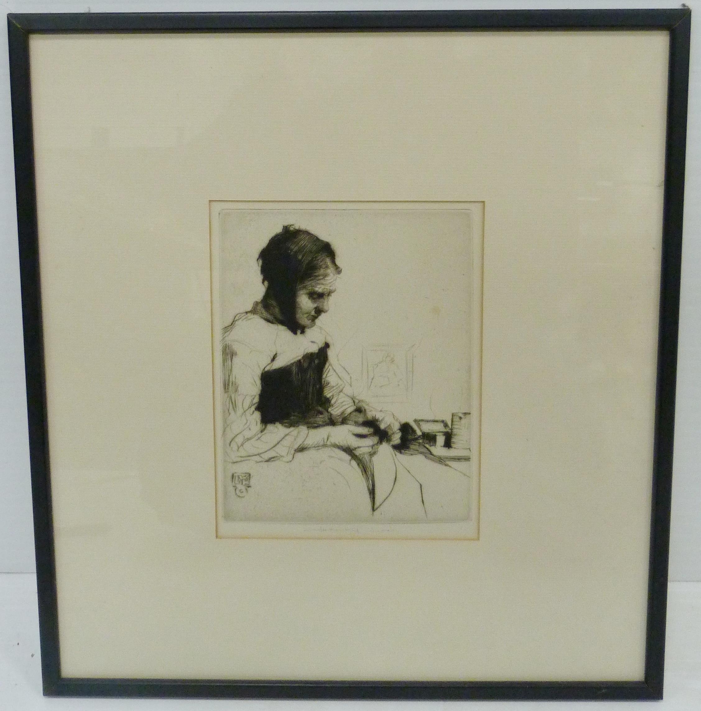 Artwork by William Lee-Hankey, Woman sewing, Made of etching