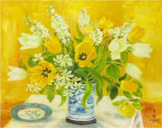 Les tulipes jaunes et blanches (Yellow and White Tulips) by Lê Phổ, Painted circa 1975