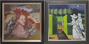 Zwei naive bzw. surreale Arbeiten: "Der Mann im Federkleid" und "Dämmerung" - Natascha Paschukova