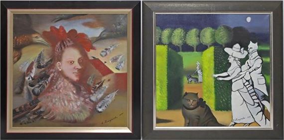 Zwei naive bzw. surreale Arbeiten: "Der Mann im Federkleid" und "Dämmerung" by Natascha Paschukova, 1991